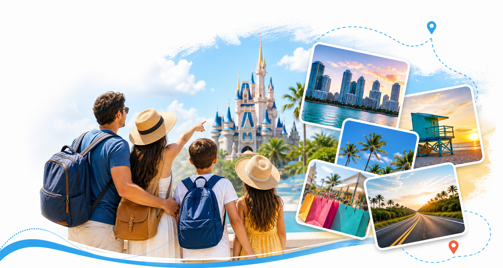 Família brasileira em uma colagem de viagem com parques, Miami, praia, compras e estrada na Flórida
